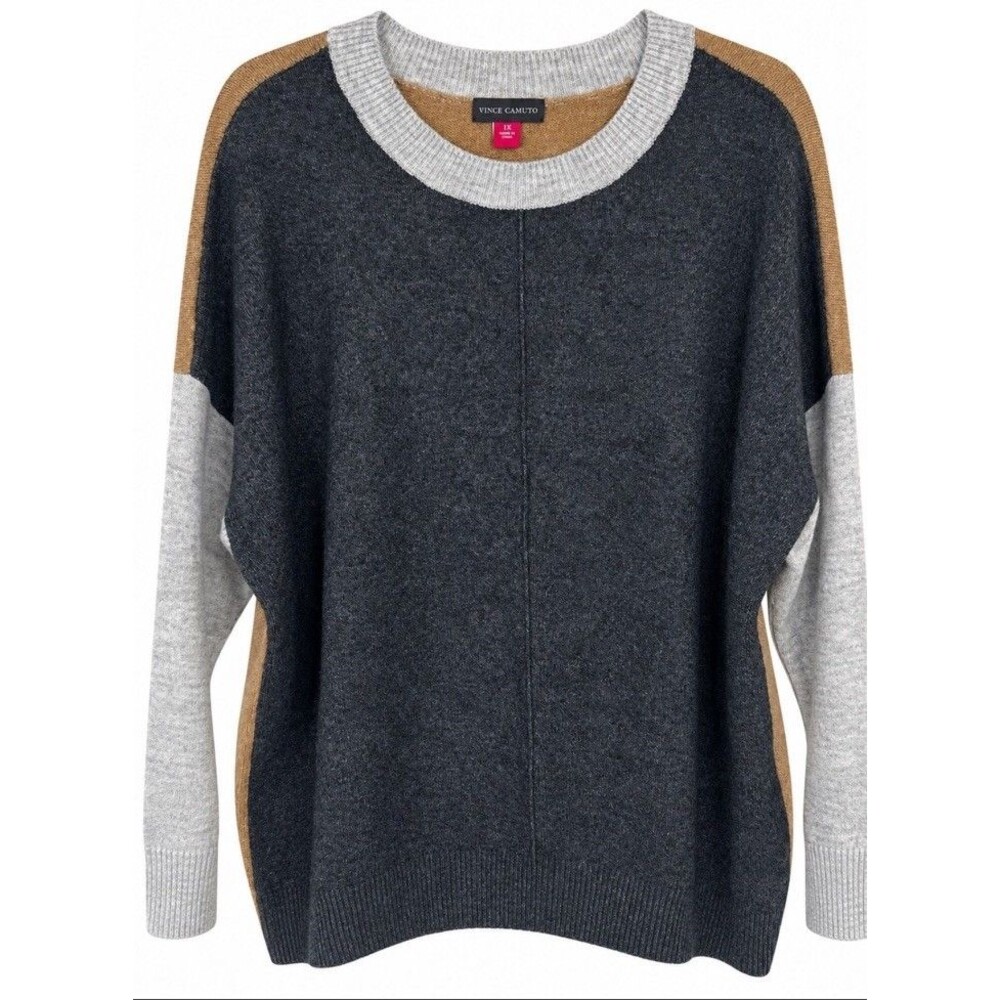Vince Camuto 1X Colorblock Sweater Oversized Boxy Gray Camel Cozy Pullover